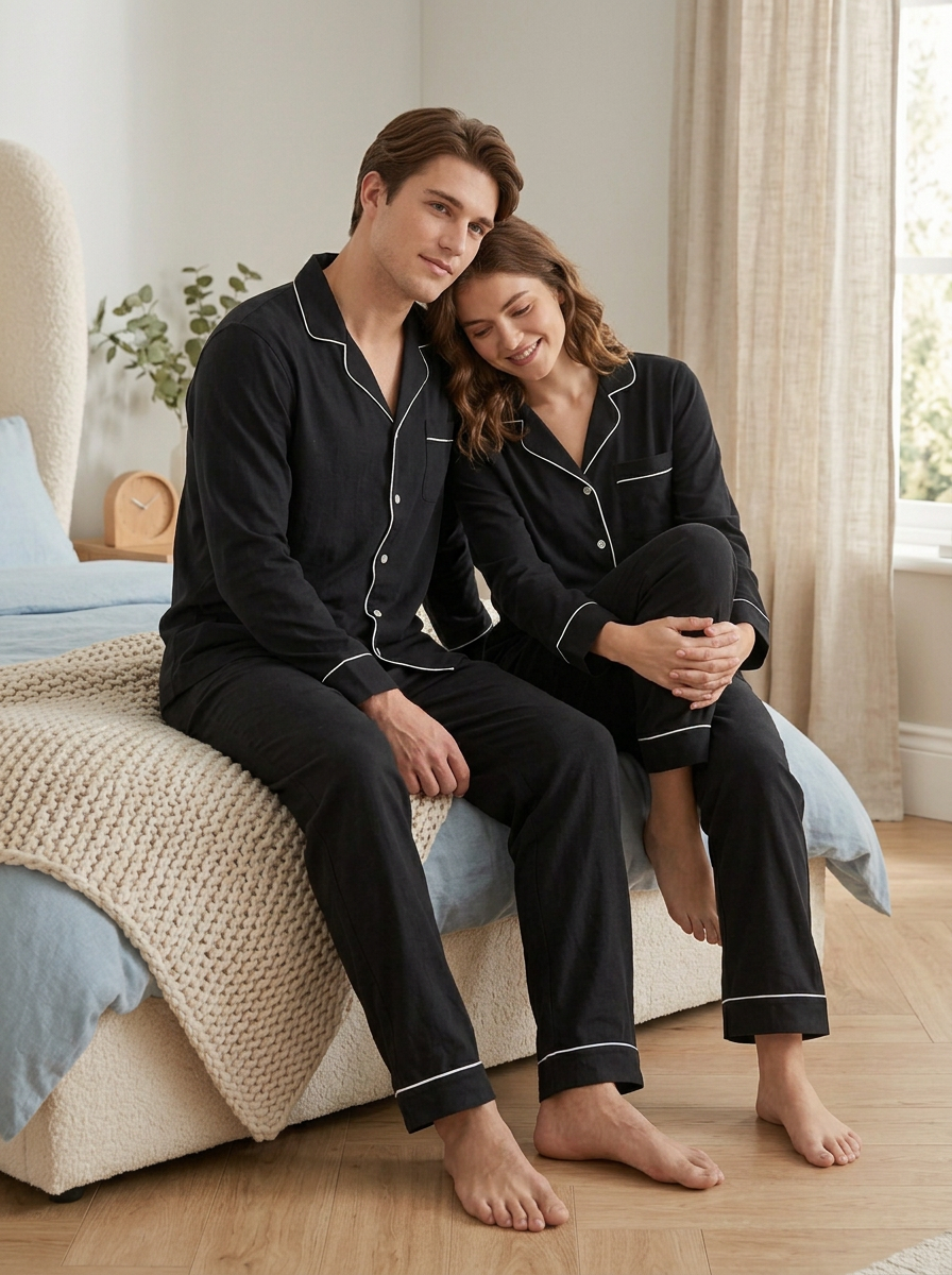 Classic Black Cotton Couple Nightwear