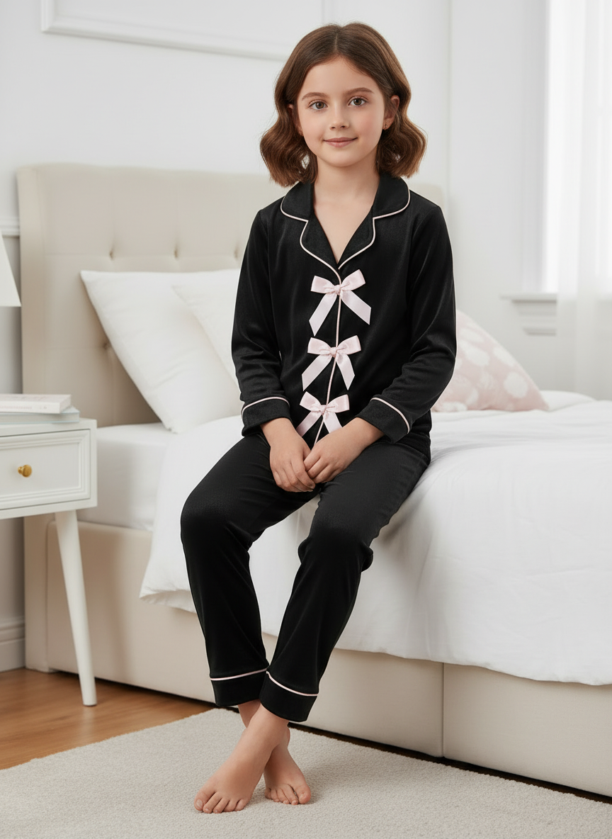 Ribbon Velvet Kids Nightwear (Black)
