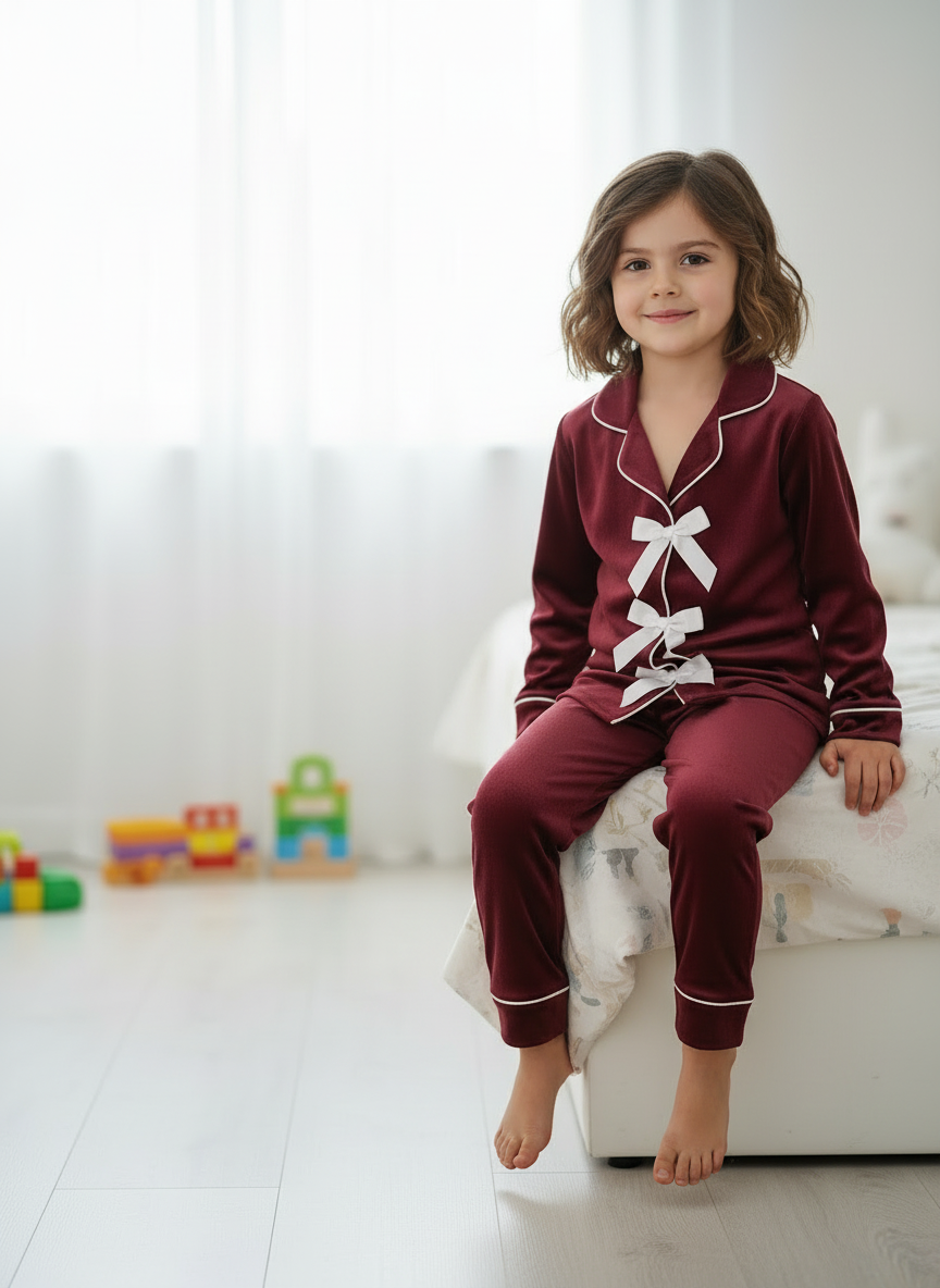 Ribbon Velvet Kids Nightwear (Mehroon)