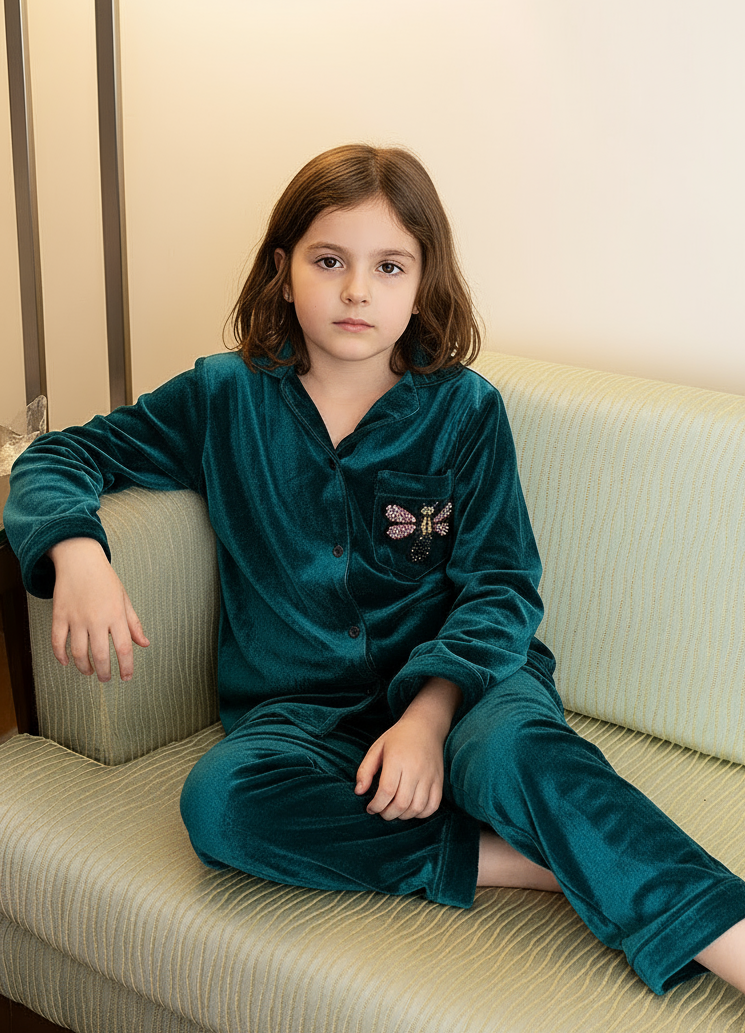 Butterfly Velvet Kids Nightwear (Teal)