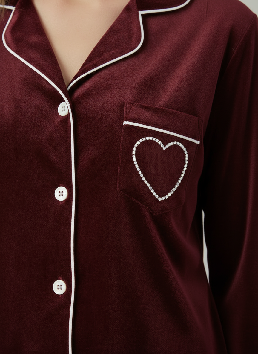 Heart Velvet Nightwear (Mehroon)