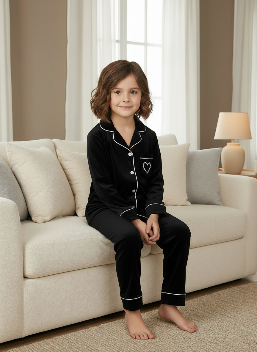 Soft Heart Velvet Kids Nightwear (Black)