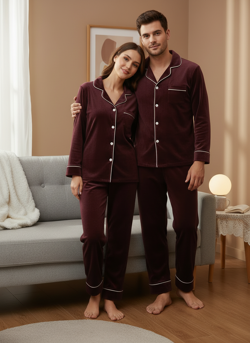 Mehroon Velvet Couple Nightwear