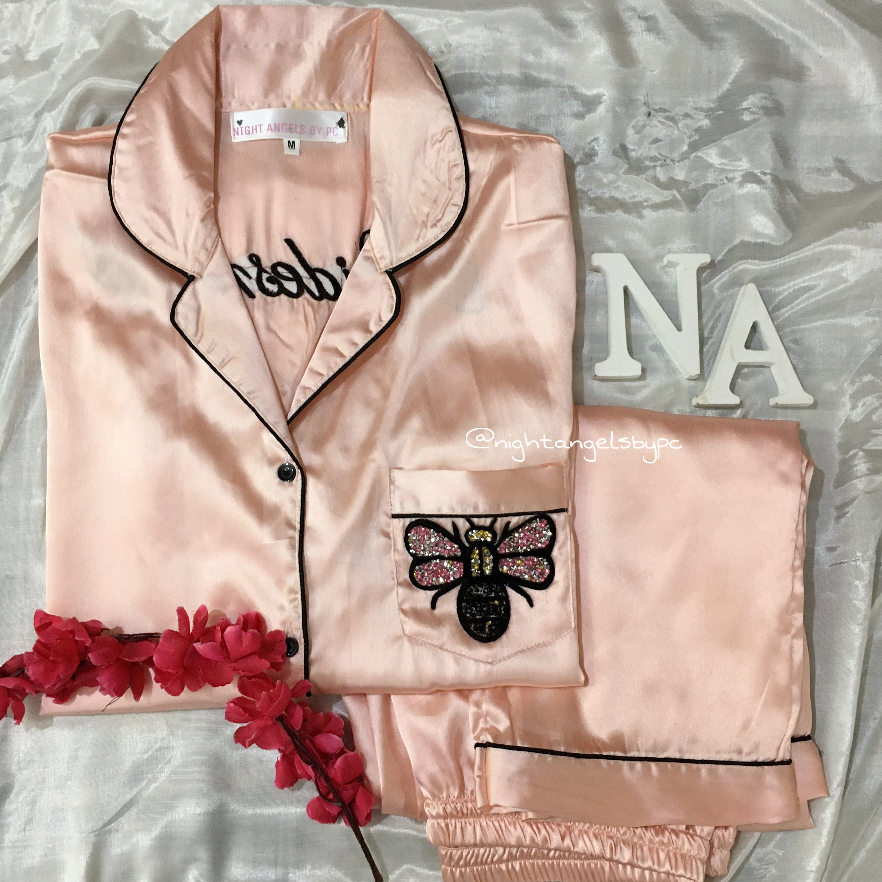 Rose Gold Pink Silky Pajamas Rose Gold Butterfly Satin Nightwear