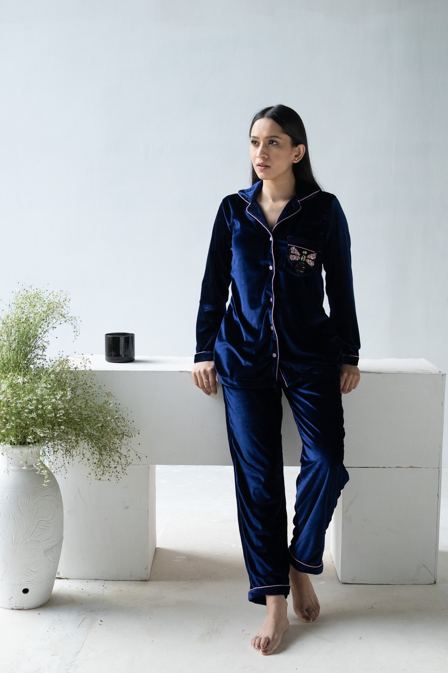 Navy Blue Butterfly Velvet Nightwear (Women)