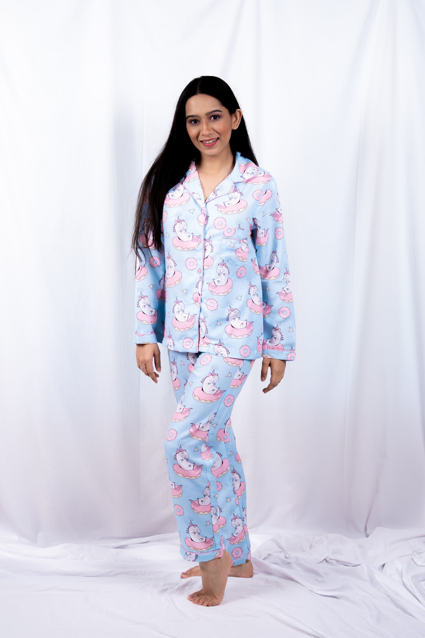 Sky Blue Unicorn & Donut Half Sleeves Nightwear  (Women)