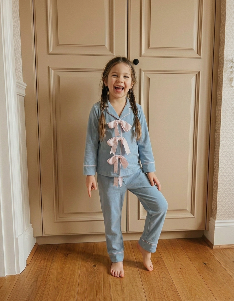 Soft Blue Hues Ribbon Pure Cotton Kids Nightwear