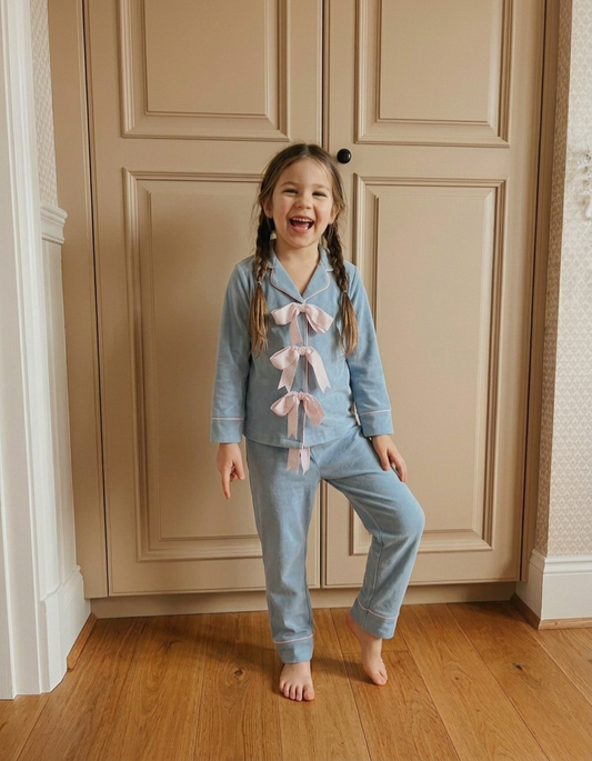 Soft Blue Hues Ribbon Pure Cotton Kids Nightwear