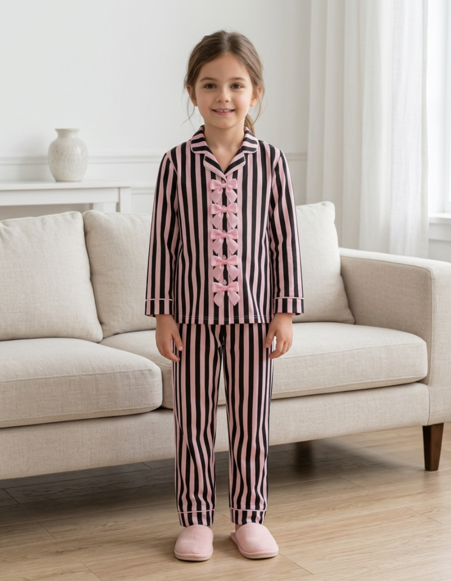Black & Pink Stripes Ribbon Kids Nightwear