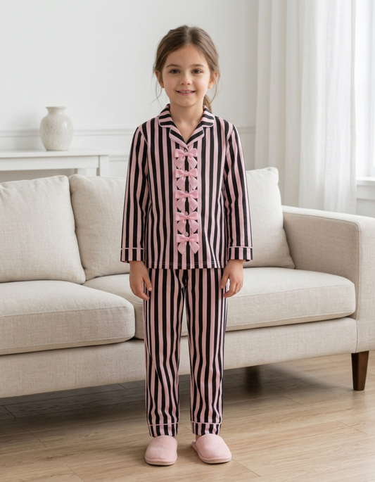 Black & Pink Stripes Ribbon Kids Nightwear