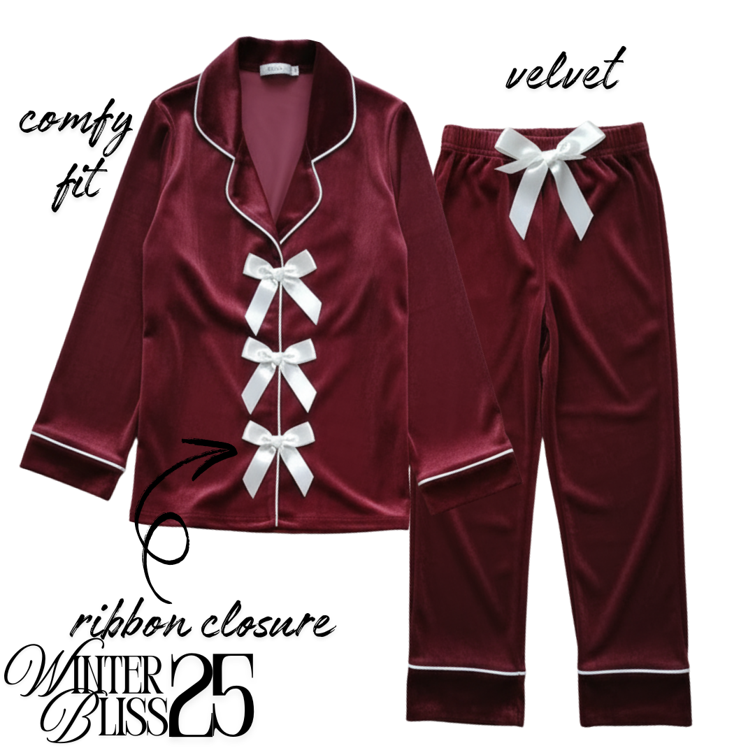 Mehroon Velvet Ribbon Nightwear