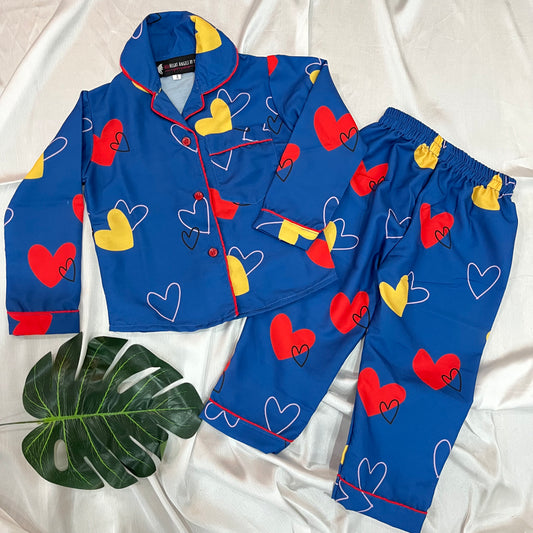Blue Hearts Kids Nightwear Set (Full Sleeves)