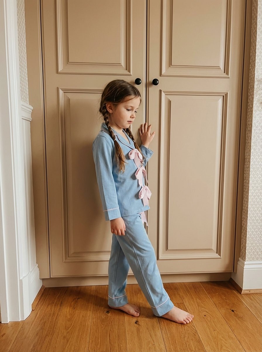 Soft Blue Hues Ribbon Pure Cotton Kids Nightwear