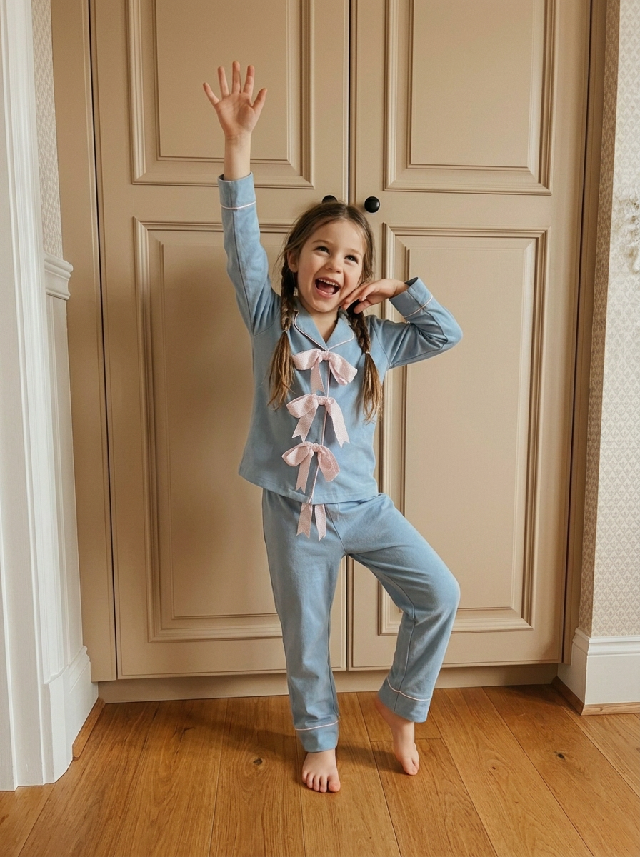 Soft Blue Hues Ribbon Pure Cotton Kids Nightwear