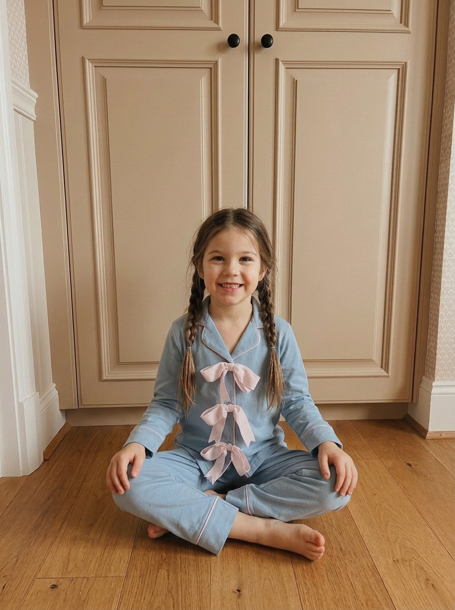 Soft Blue Hues Ribbon Pure Cotton Kids Nightwear