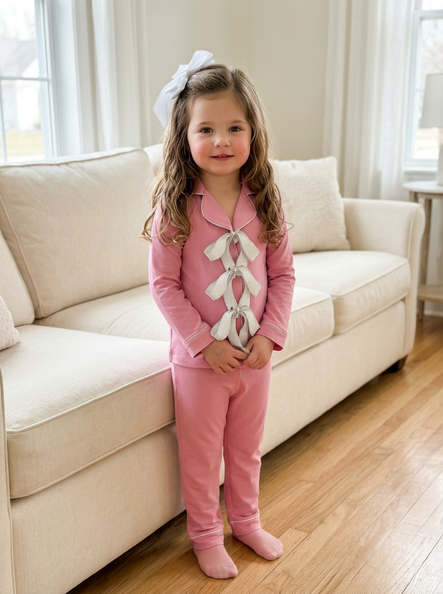 Blush Pink Ribbon Pure Cotton Kids Nightwear
