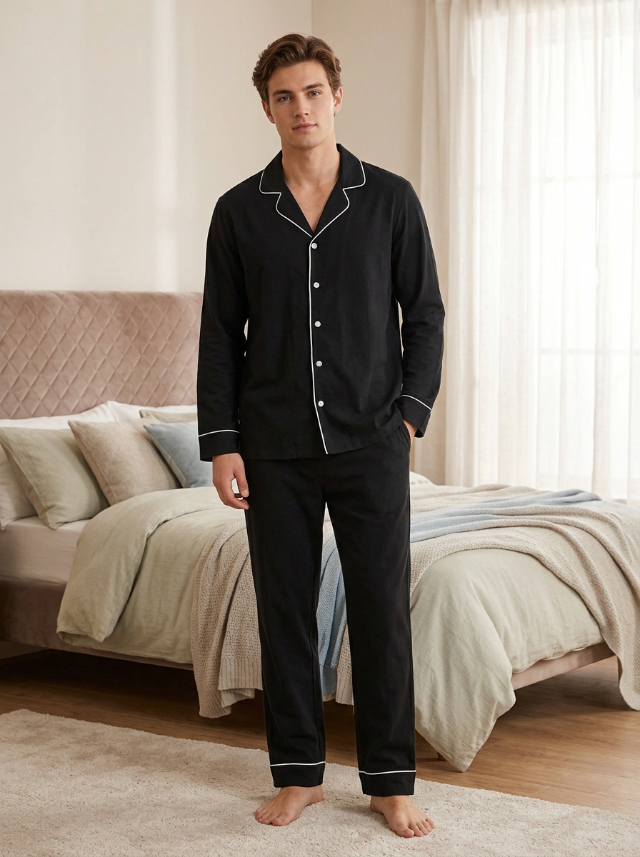 Classic Black Cotton Nightwear (Men)
