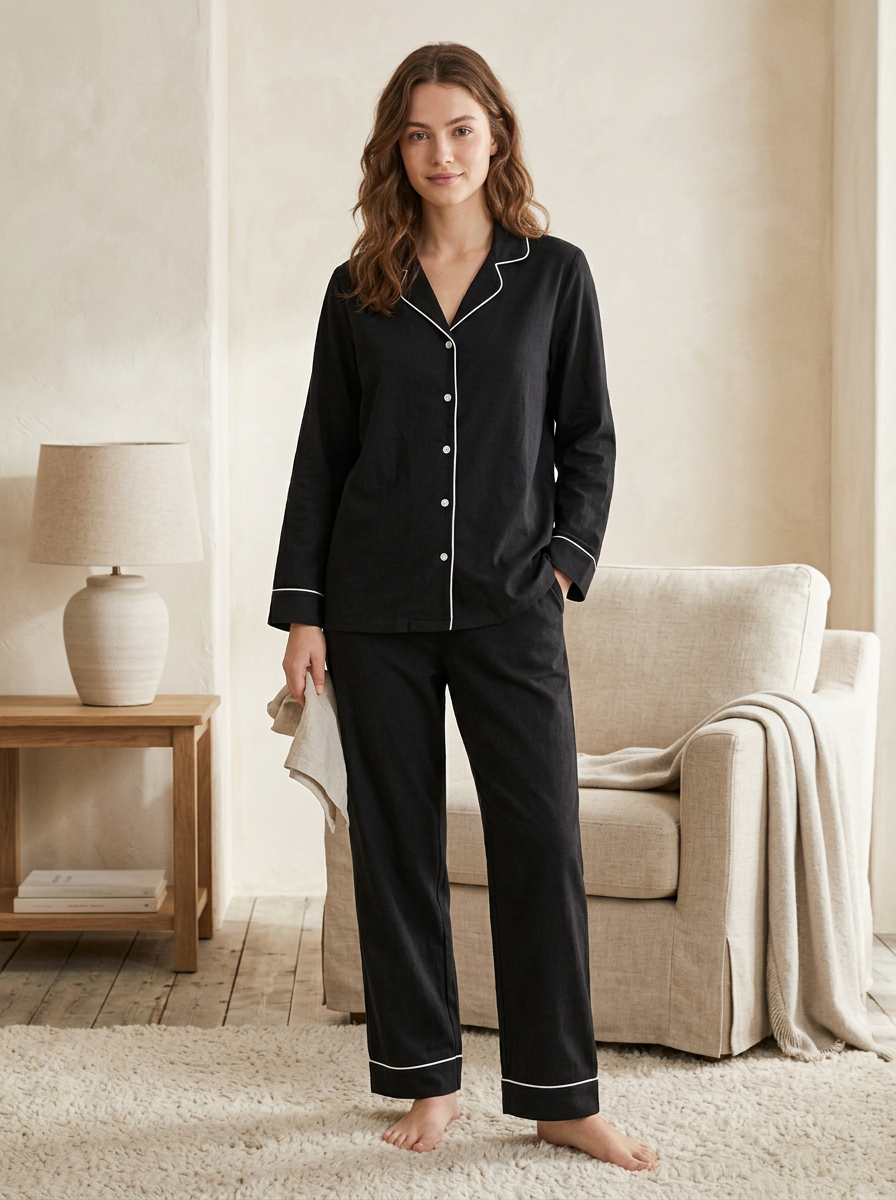 Classic Black Cotton Couple Nightwear