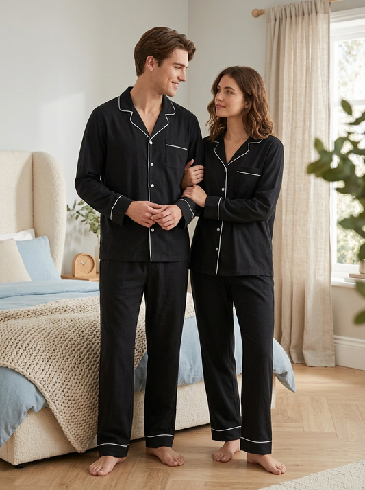 Classic Black Cotton Couple Nightwear