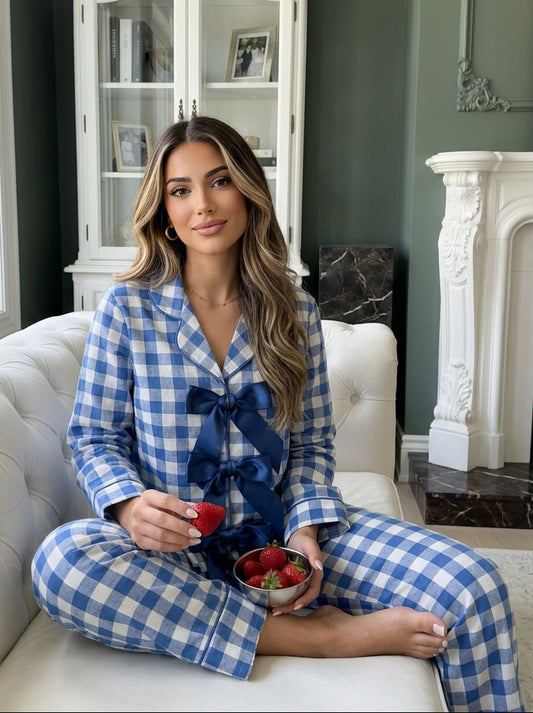 Blue Gingham Ribbon Nightwear