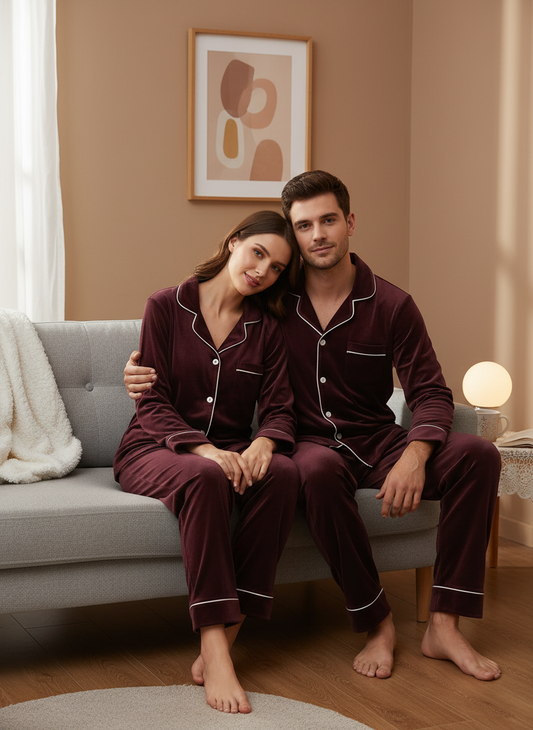 Mehroon Velvet Couple Nightwear