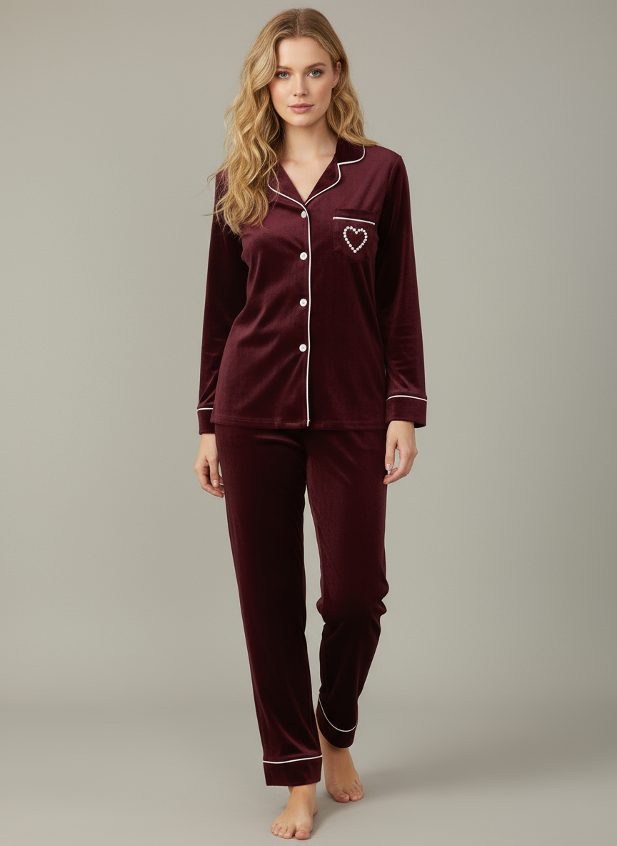 Heart Velvet Nightwear (Mehroon)