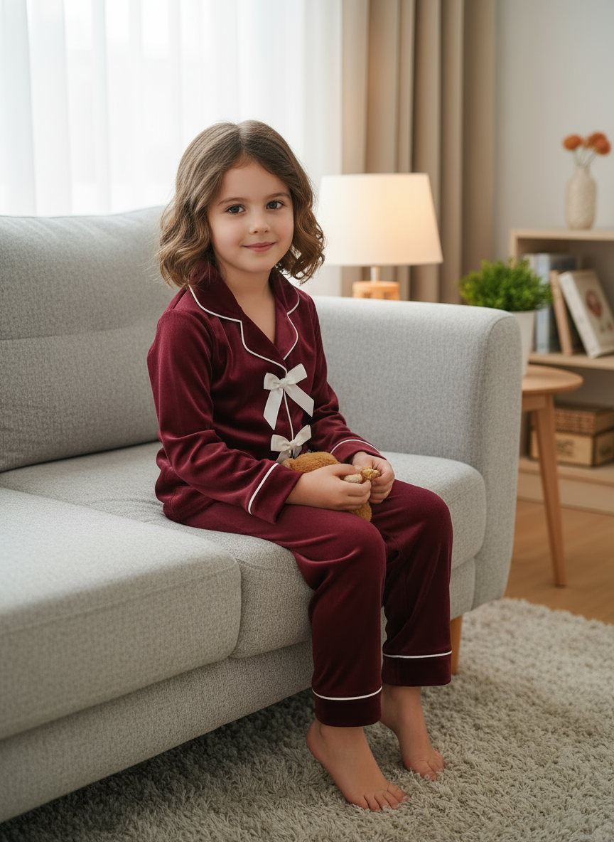 Ribbon Velvet Kids Nightwear (Mehroon)