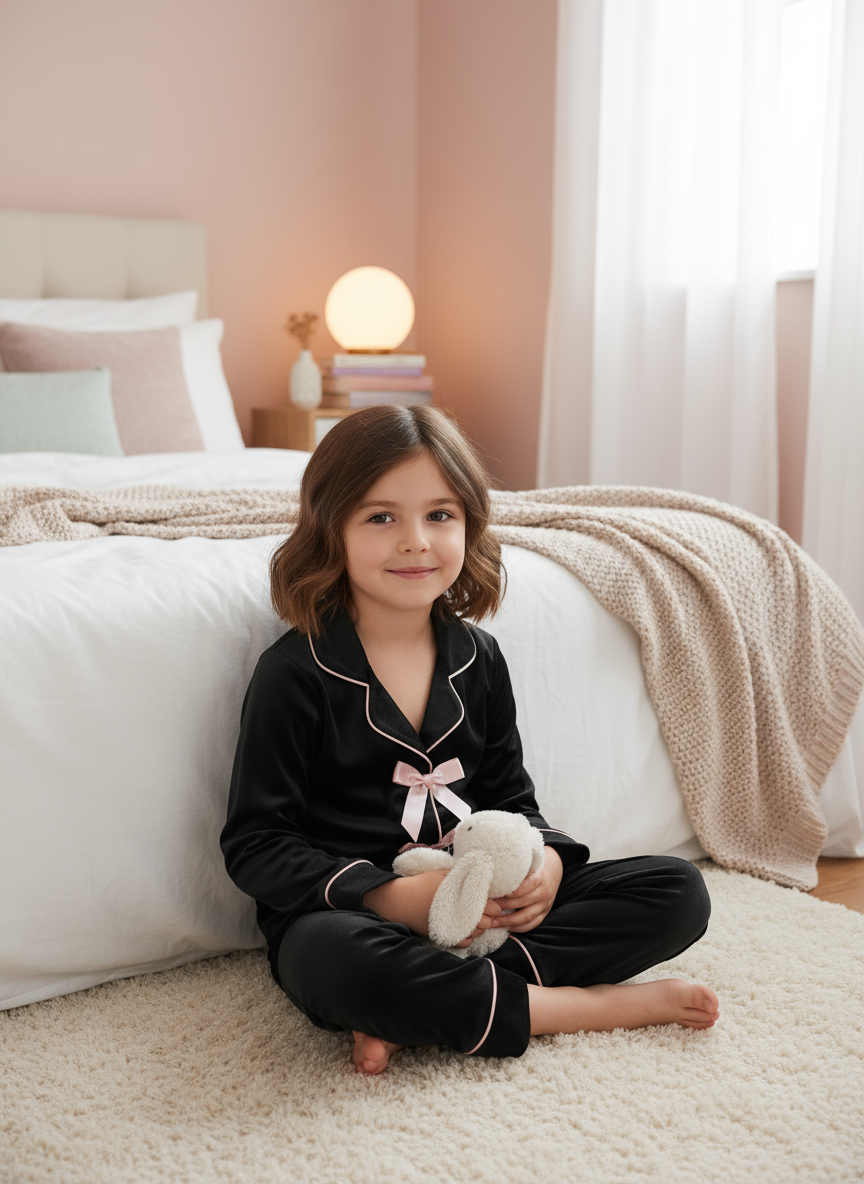 Ribbon Velvet Kids Nightwear (Black)