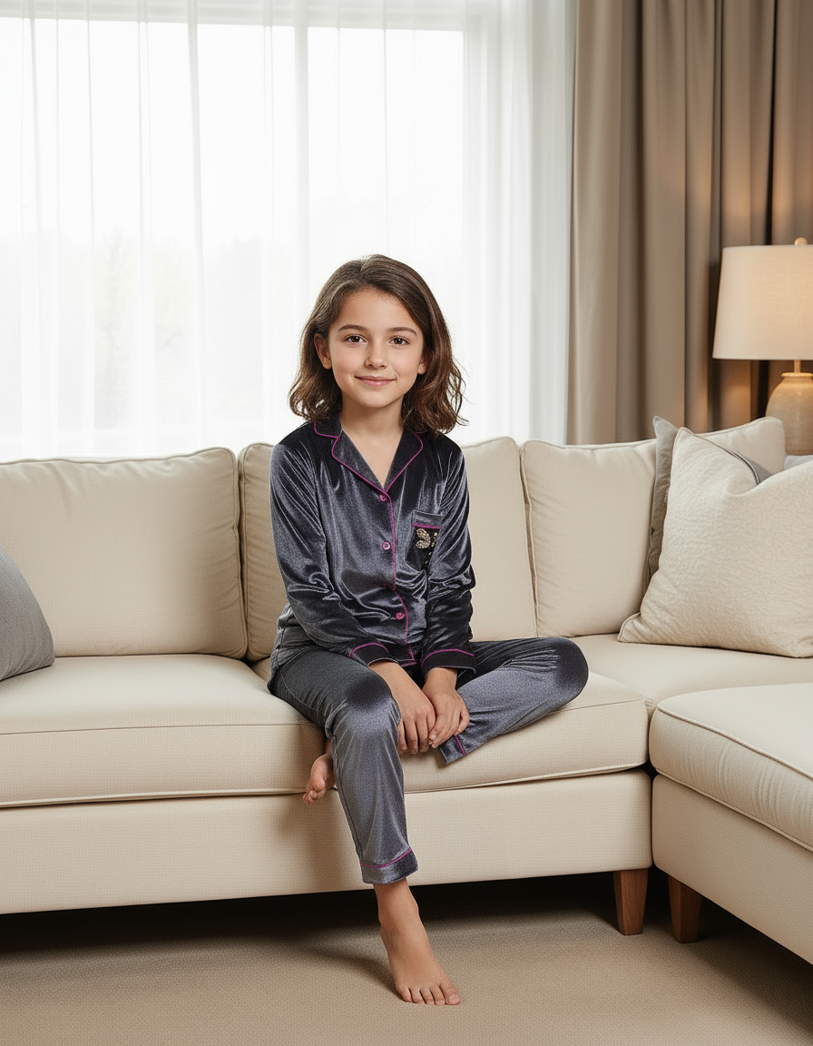 Butterfly Velvet Kids Nightwear (Silver)