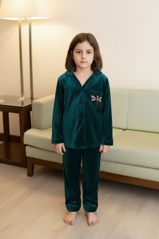 Butterfly Velvet Kids Nightwear (Teal)