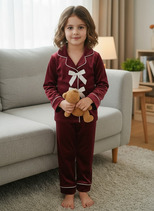 Ribbon Velvet Kids Nightwear (Mehroon)