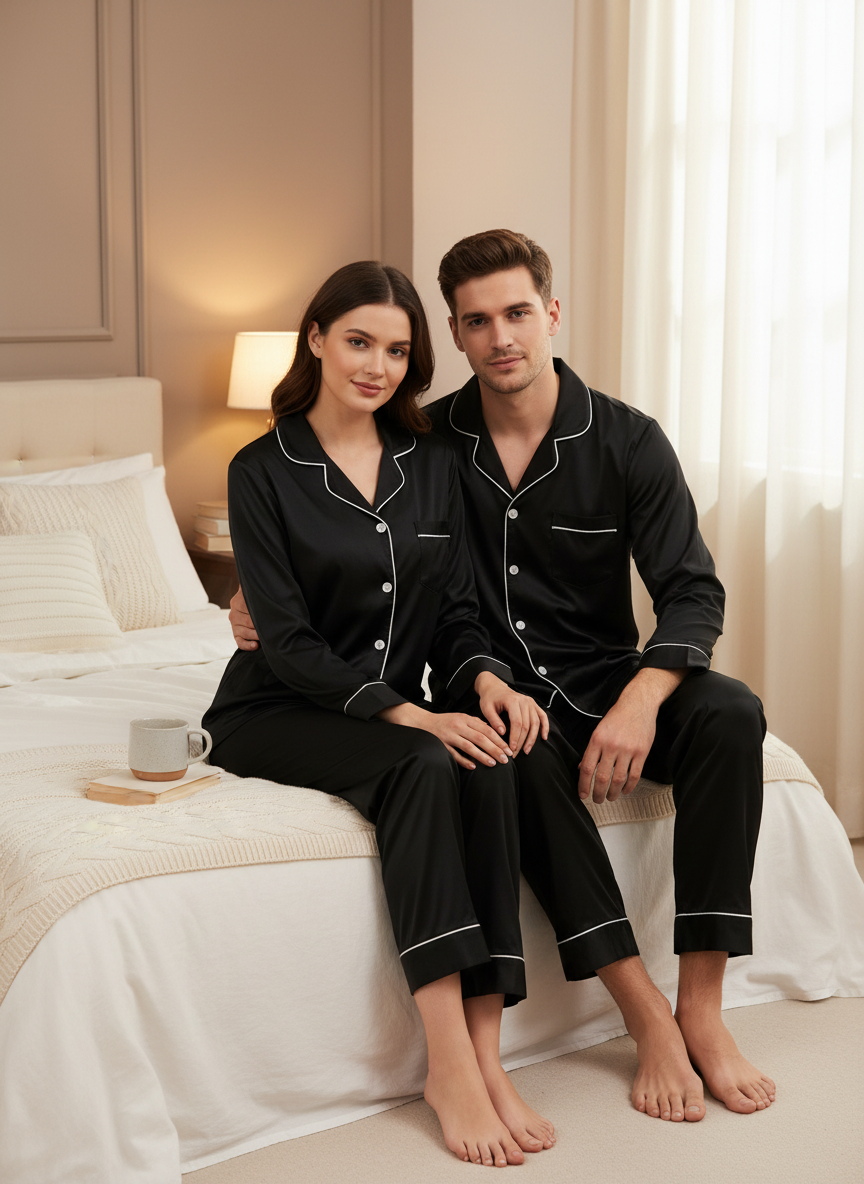 Black Cotton Couple Nightwear