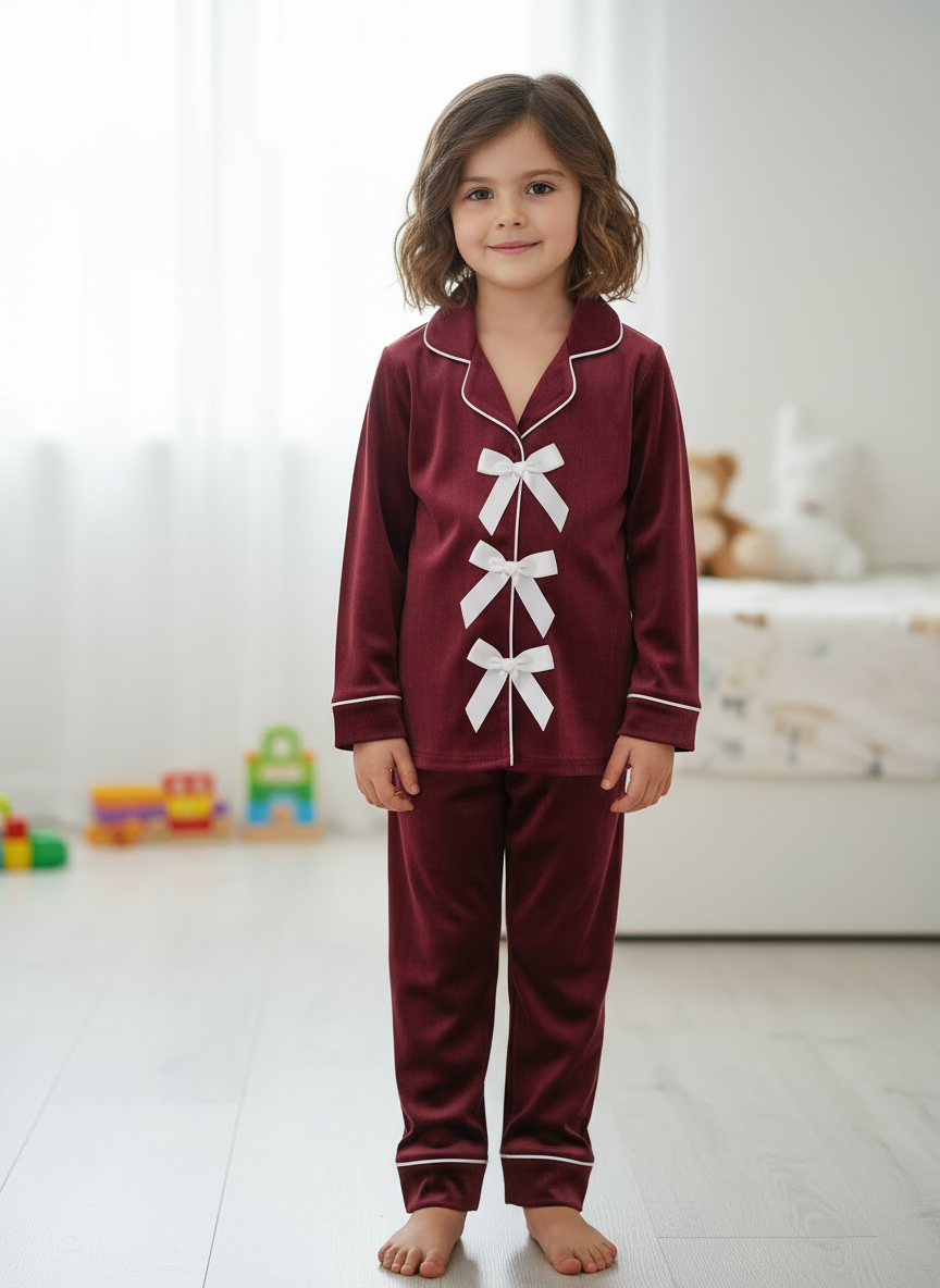 Ribbon Velvet Kids Nightwear (Mehroon)