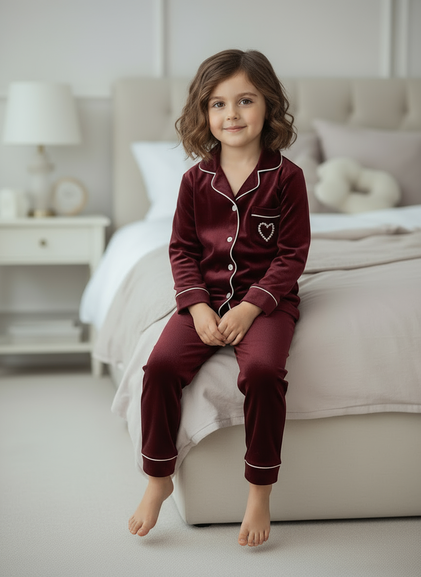 Soft Heart Velvet Kids Nightwear (Mehroon)