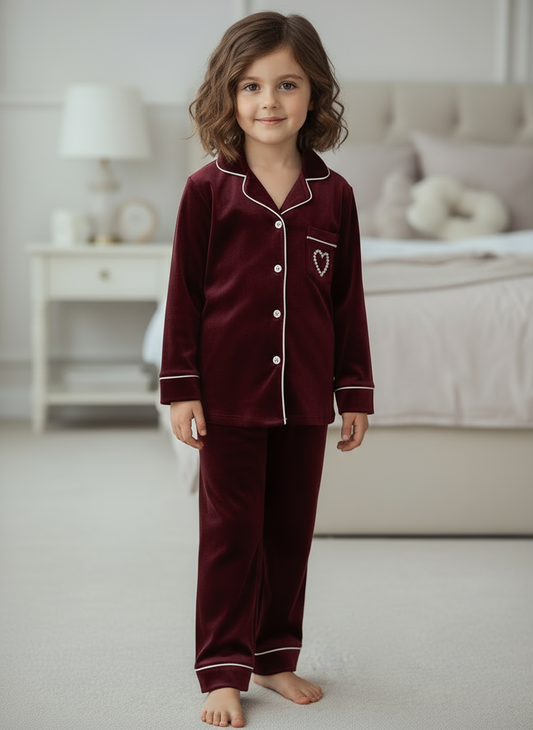 Soft Heart Velvet Kids Nightwear (Mehroon)