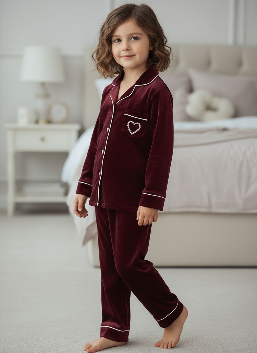 Soft Heart Velvet Kids Nightwear (Mehroon)