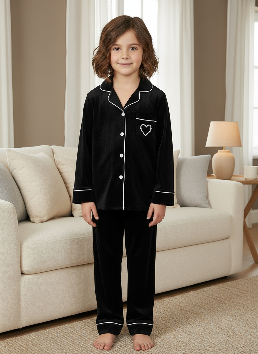 Soft Heart Velvet Kids Nightwear (Black)