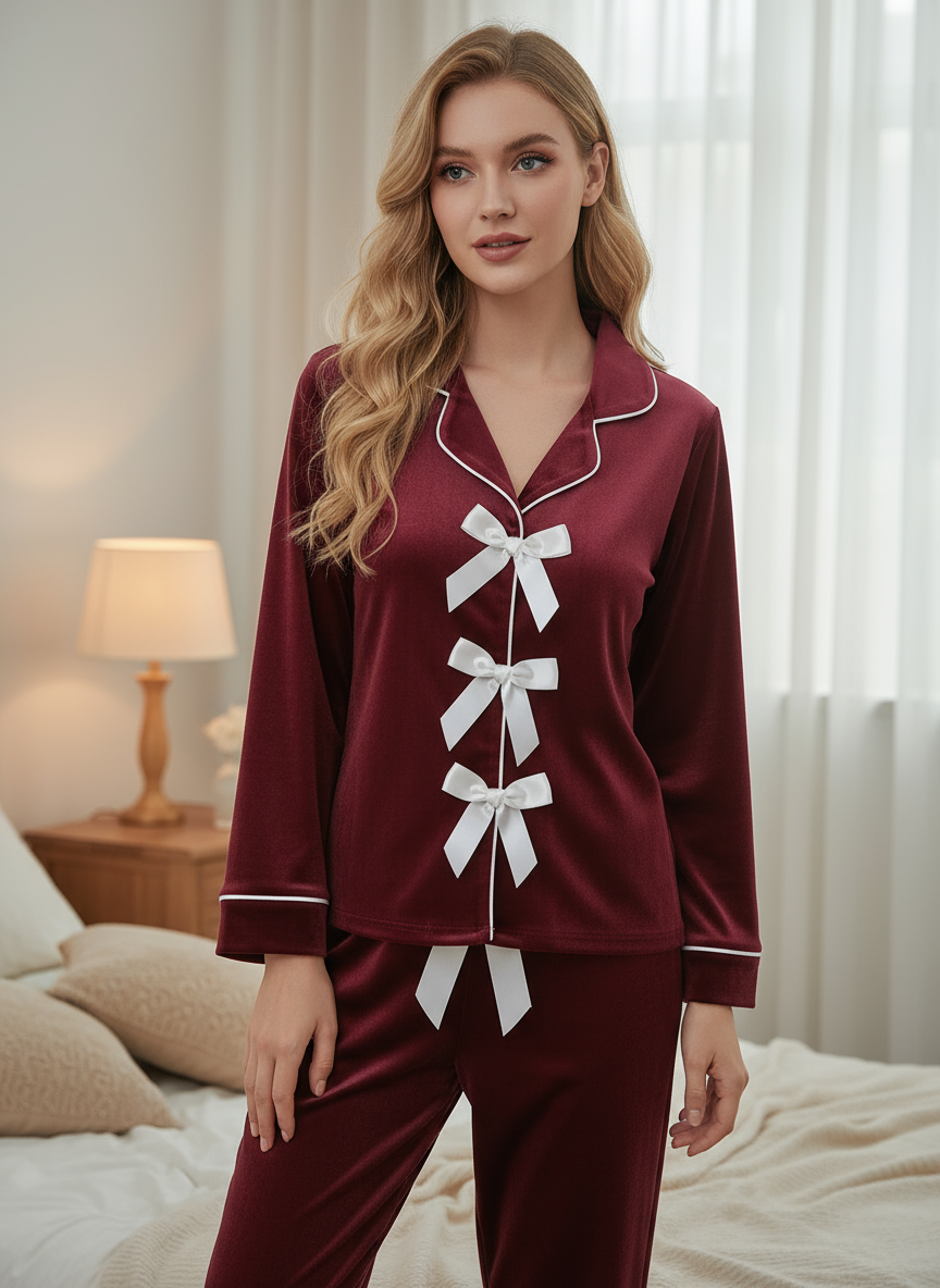 Mehroon Velvet Ribbon Nightwear