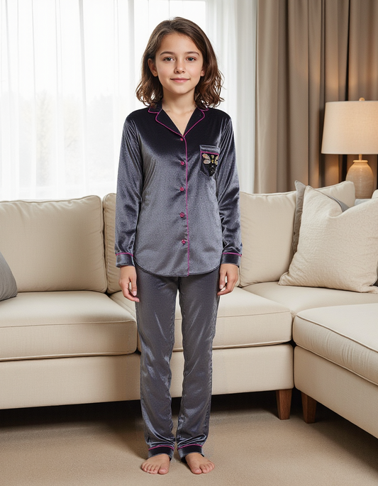 Butterfly Velvet Kids Nightwear (Silver)