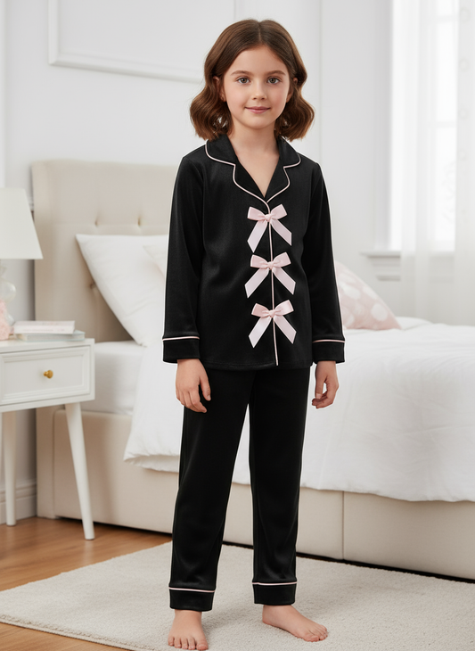 Ribbon Velvet Kids Nightwear (Black)