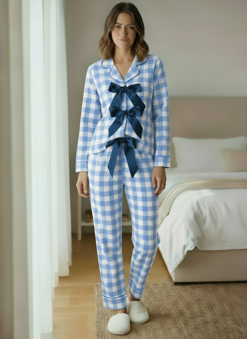 Blue Gingham Ribbon Nightwear