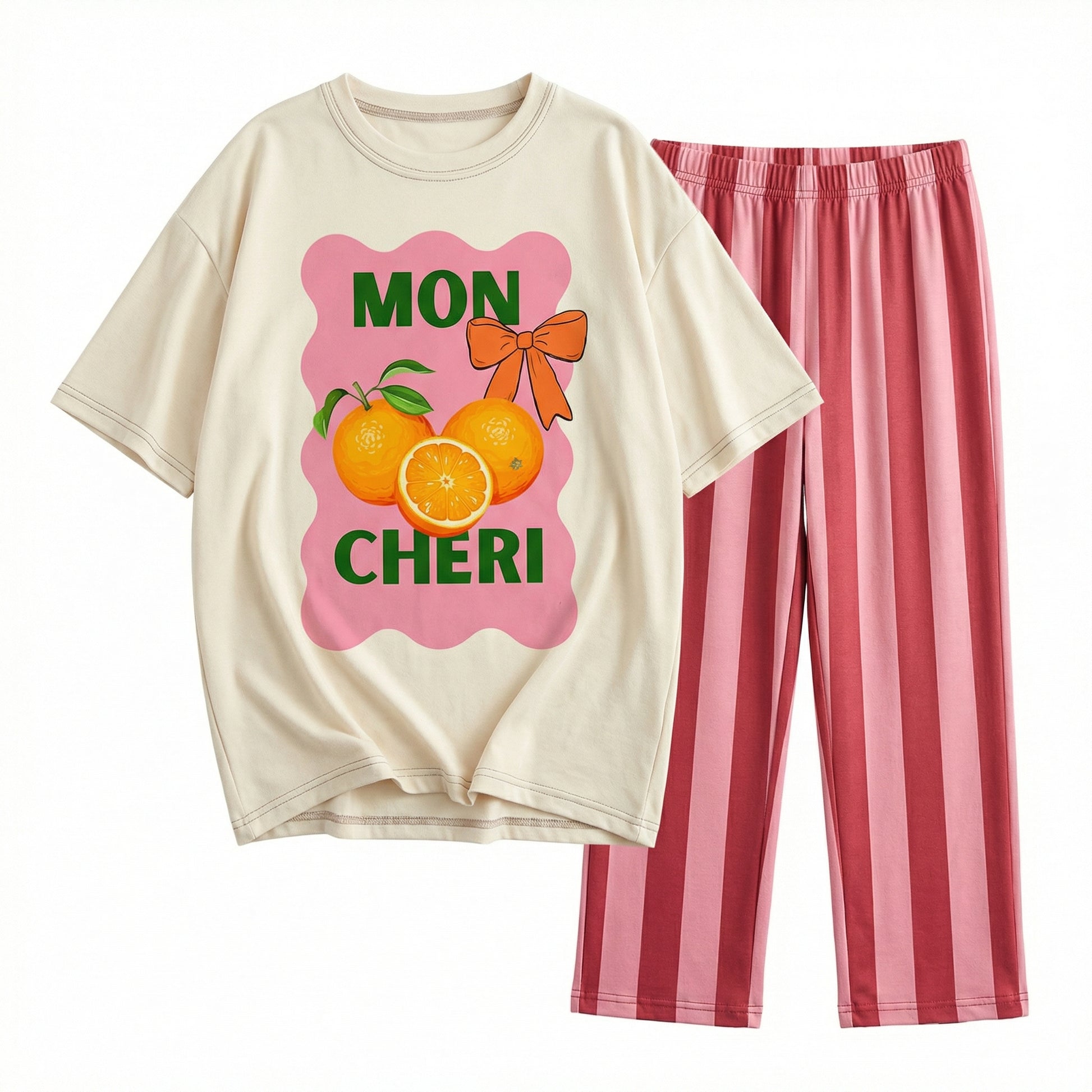Beige t-shirt with 'MON CHERI' design and pink striped pants on a white background