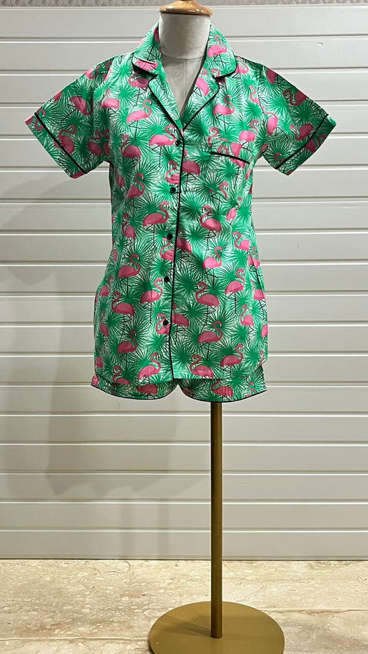 Green Flamingo Cotton Shorts Set (Women)