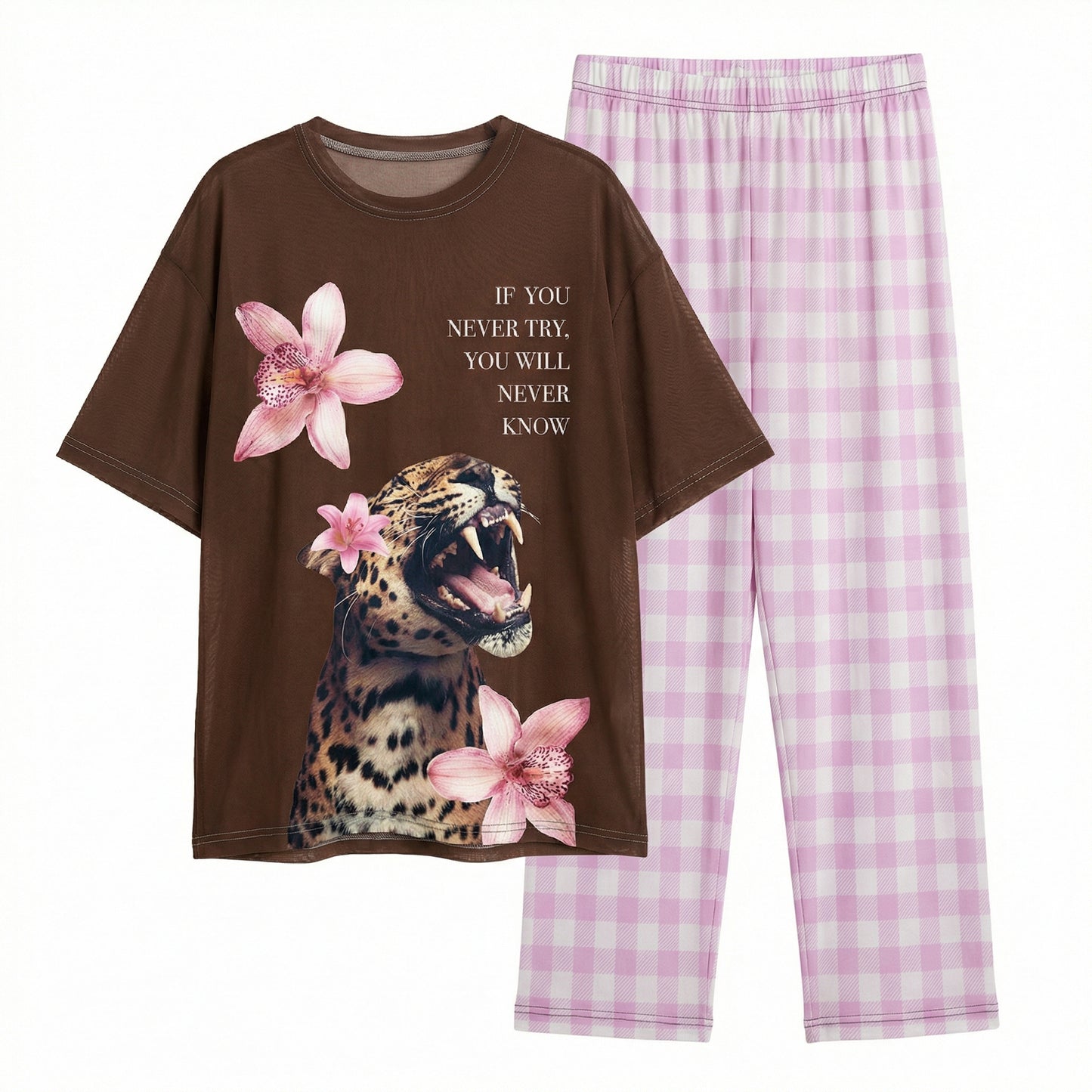 Brown t-shirt with leopard and flower design and pink checkered pants on a white background