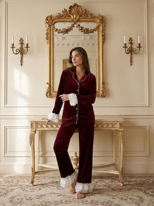 Mehroon Frill Velvet Nightwear