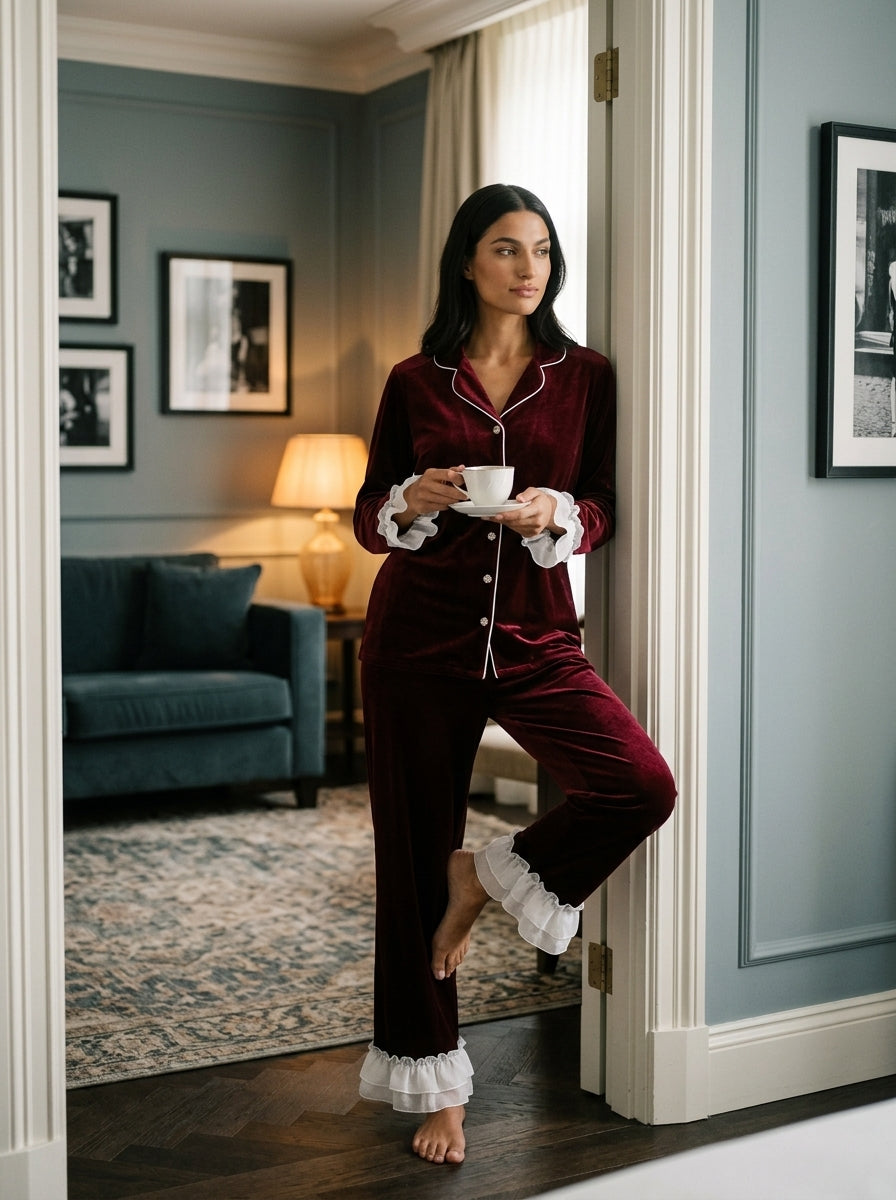 Mehroon Frill Velvet Nightwear