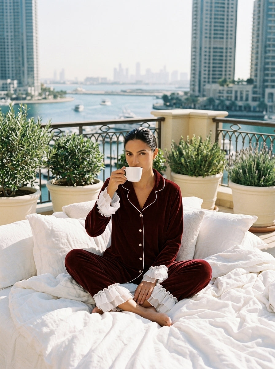 Mehroon Frill Velvet Nightwear