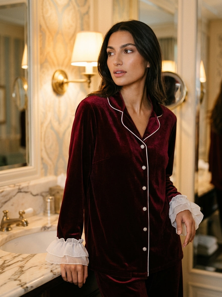 Mehroon Frill Velvet Nightwear