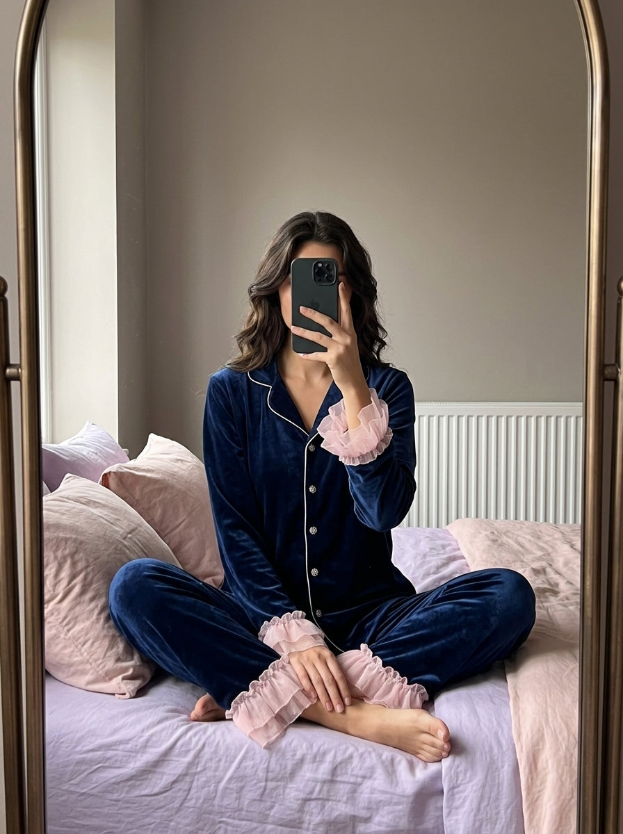 Blue Frill Velvet Nightwear