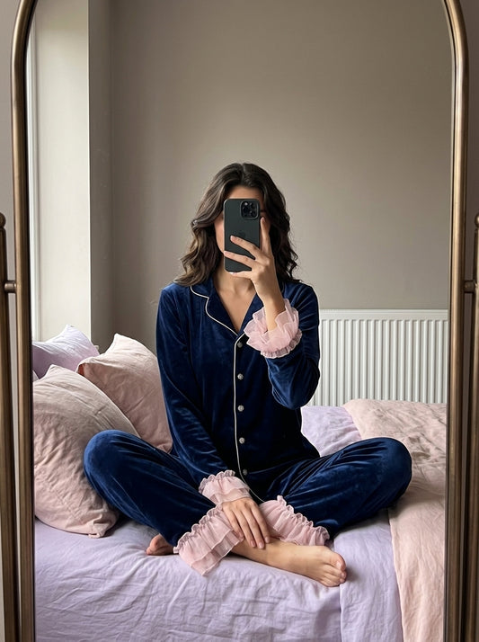 Blue Frill Velvet Nightwear